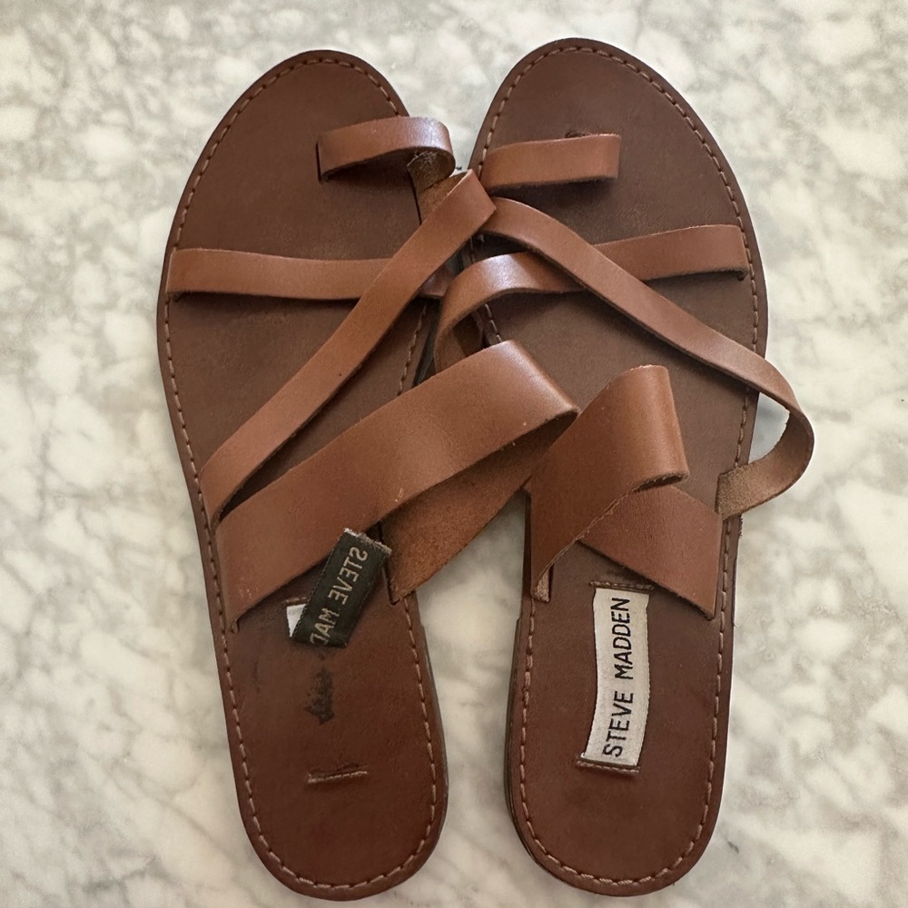 Steve Madden Brown Leather Slide Sandals - Picture 5 of 5